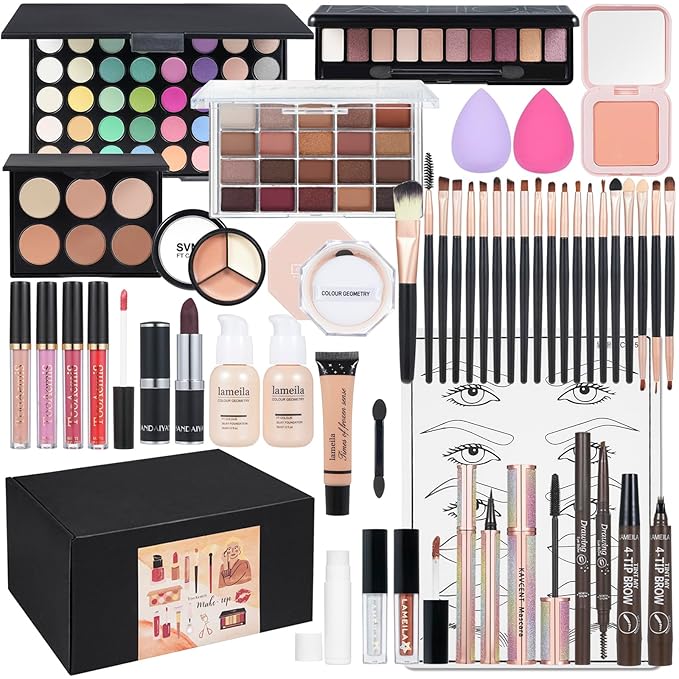 All in One Makeup Kit Makeup Kit for Women Full Kit Multipurpose Makeup ，eyeshadow、 liquid foundation,Loose powder,Eyebrow pencil,4-color lip gloss set-VivaGrace Women
