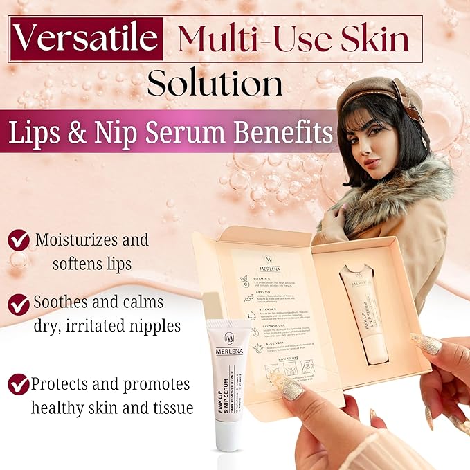 Merlena Pink Lip & Nip Serum - Hydrates and Repairs Dry, Peeling Lips and Nipples, Adds Collagen for Plumpness, Soothes Flaky Skin, Organic Vitamin C & E Formula 8ml-VivaGrace Women