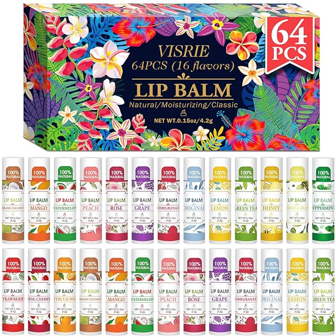 64 Pack Lip Balm, Natural Lip Balm Bulk with Vitamin E and Coconut Oil, Hydrating Lip Balm for Dry Lips, Bulk Lip Balm for Stocking Stuffers - 16 Flavors-VivaGrace Women