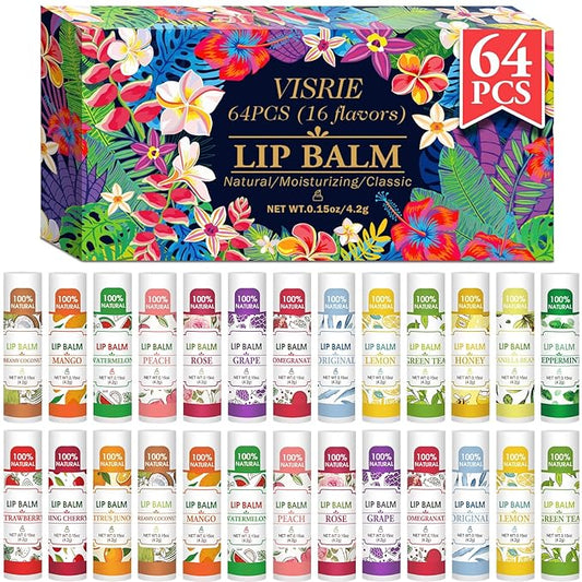 64 Pack Lip Balm, Natural Lip Balm Bulk with Vitamin E and Coconut Oil, Hydrating Lip Balm for Dry Lips, Bulk Lip Balm for Stocking Stuffers - 16 Flavors-VivaGrace Women