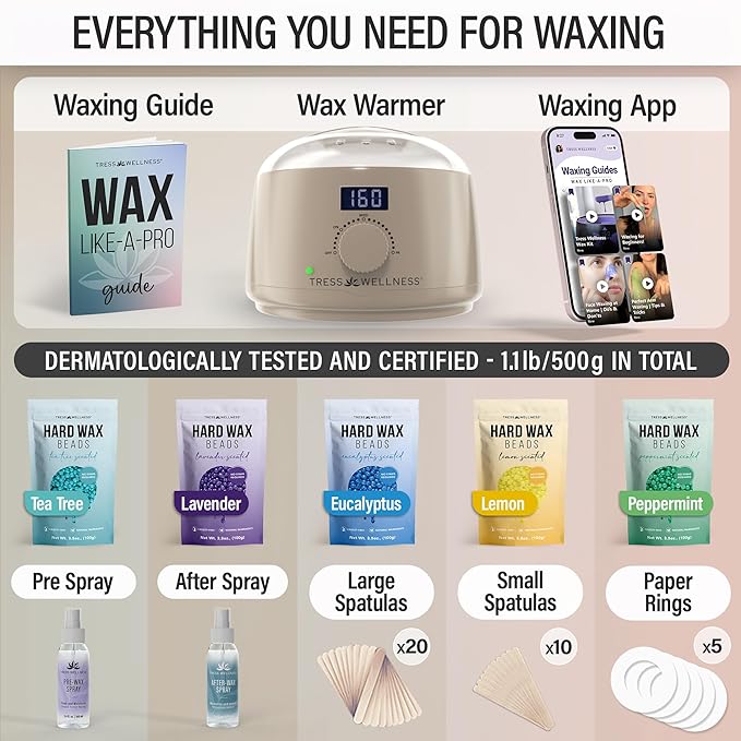 Tress Wellness Waxing Kit for Sensitive Skin – Safe for Face & Skin, Prep & Aftercare Spray, Easy to Use – At-Home Kit for Face, Bikini, Brazilian & Full Body - Digital Display, Beige-VivaGrace Women