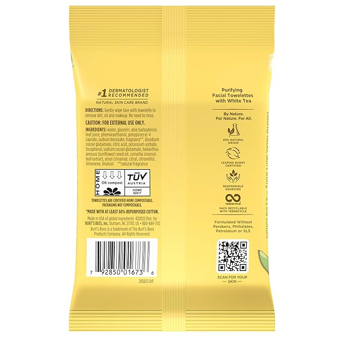 Burt's Bees Purifying Facial Towelettes With White Tea, Pre-Moistened Towelettes for All Skin Types, 99.1 Percent Natural Origin Skin Care, 10 ct. Package