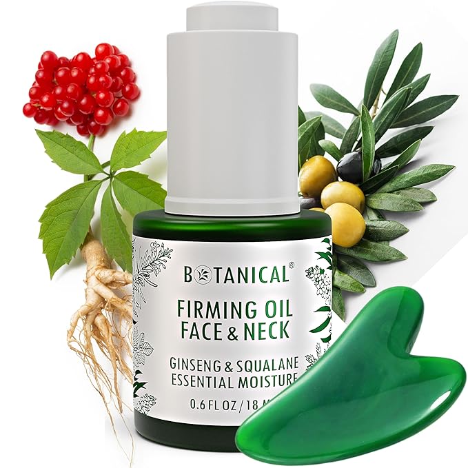 Botanical Face & Neck Firming Oil | Anti-Wrinkle Ginseng & Squalane Serum w/Gua Sha Lift Scraper | Organic, Pure, Natural Skincare (0.6 fl oz | 18 ml)-VivaGrace Women