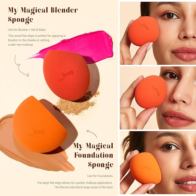 Jessup Foundation Brush with Makeup Sponge Set, 1pc Flat Top Kabuki Brush and 3pcs Make up Sponges for Concealer Blending Blush Powder Buffing Stippling with Gift Box, T505-VivaGrace Women