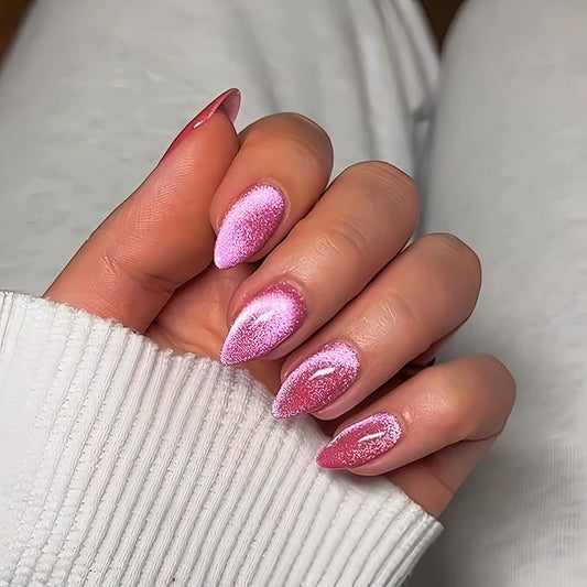 KQueenest 30 Pcs Cat Eye Hot Pink Press on Nail Short Medium Almond, Glitter Fake Nails Glue on Bling, Sparkle Thick Acrylic Nails Press on, Cute Reusable False Nails for Women Nail Art