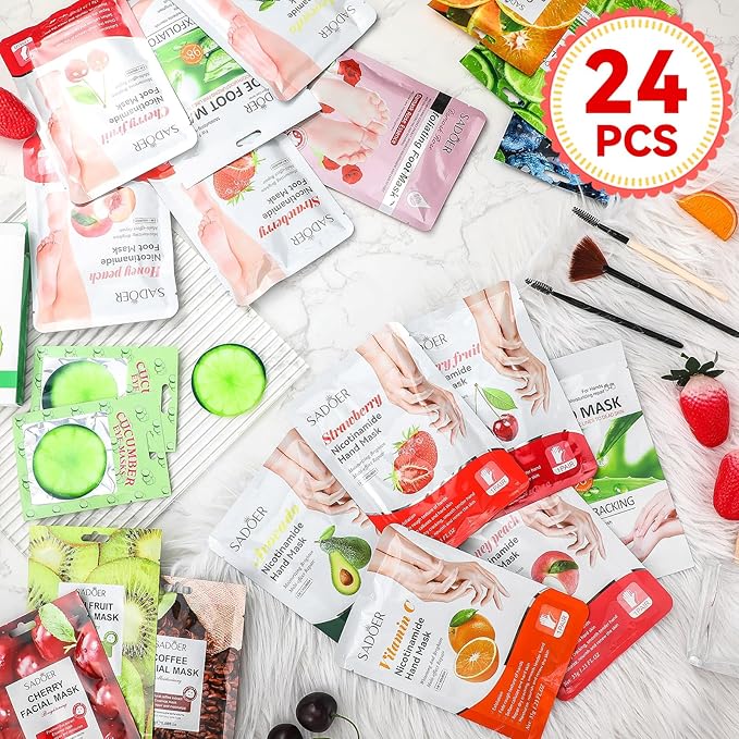 24 Pcs Fruits Beauty Facial Hand Foot Mask Cooling Eye Pads Set Spa Party Night Kit Beauty Skincare Hydrating Skin Cooling Eye Masks for Puffy Eyes Spa Stocking Stuffers Night Summer Party-VivaGrace Women