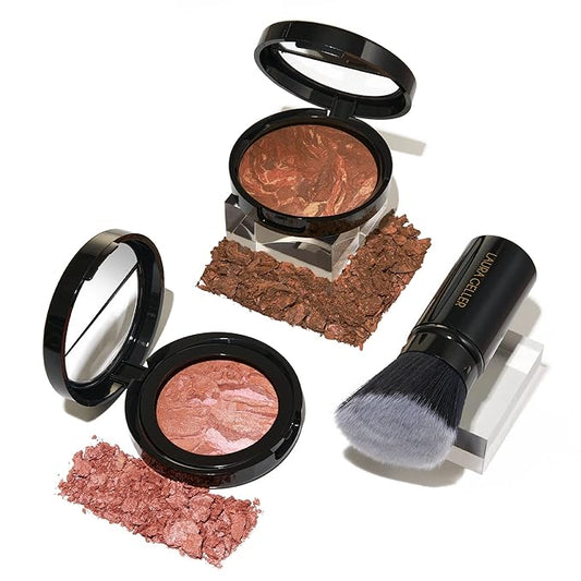 Blush-n-Glow Kit (3 PC): LAURA GELLER NEW YORK Baked Balance-N-Glow Illuminating CC Powder Foundation Toffee, Retractable Kabuki Brush, Baked Blush-N-Brighten Pink Grapefruit-VivaGrace Women