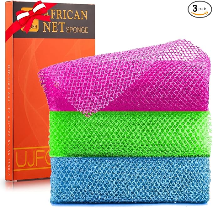 UJFQBH 3 Pieces African Bath Sponge African Net Long Net Bath Sponge Exfoliating Shower Body Scrubber Back Scrubber Skin Smoother,Great for Daily Use (Rose Red, Blue, Green)-VivaGrace Women