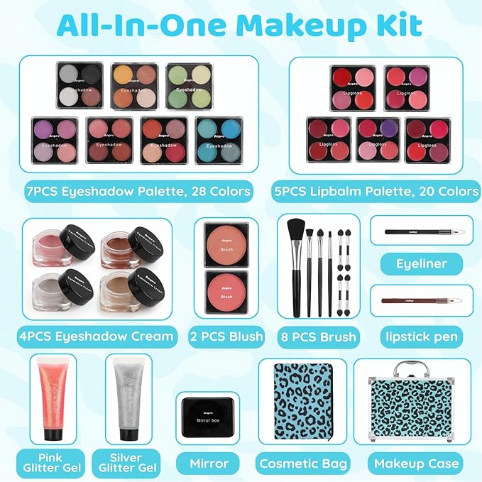 Anpro All-In-One Leopord Double Folding Makeup Carry Case with Pro Teen Makeup Set, Full Starter Kit with Makeup Brushes, Lipsticks, Eyeshadow Palette, Blushes, Glitter Gel, Ideal Present for Girls-VivaGrace Women