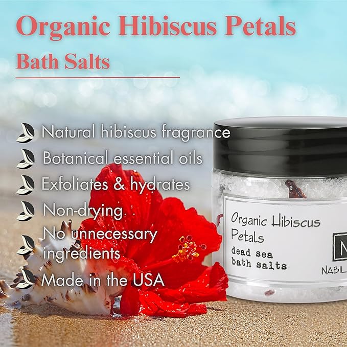 Organic Hibiscus Petals Bath Salts by Nabila K - Dead Sea Salt & Epsom Salt Scrub & Soak - Exfoliates & Hydrates Skin, Botanical Essential Oils - Bubble Bath Accessories for All Skins Types, 8 oz-VivaGrace Women