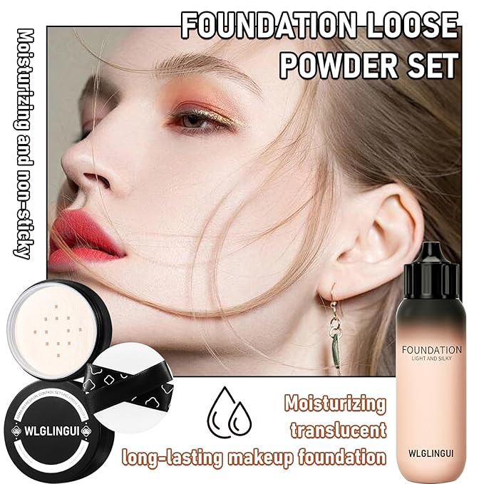 Full Coverage Liquid Foundation Makeup Set,Oil Control Concealer Long Lasting Waterproof Loose Setting Face Powder,Moisturizing BB Cream Set with Soft Makeup Sponge and Foundation Makeup Brush（4PCS）-VivaGrace Women