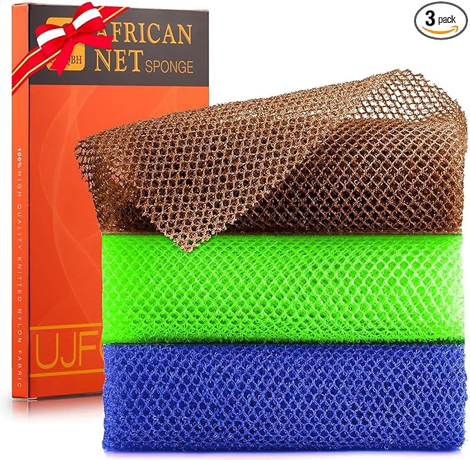UJFQBH 3 Pieces African Bath Sponge African Net Long Net Bath Sponge Exfoliating Shower Body Scrubber Back Scrubber Skin Smoother,Great for Daily Use (Brown、Blue、Green)-VivaGrace Women