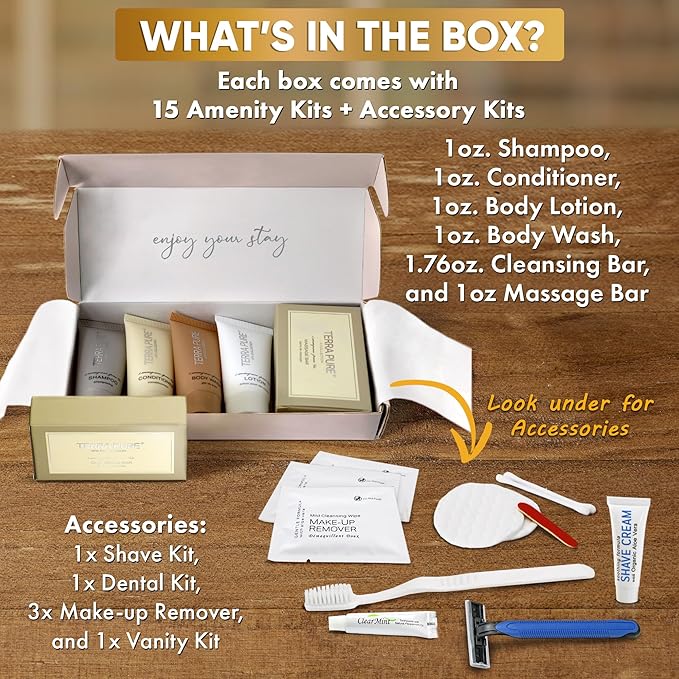 Terra Pure Spa Collection Amenity & Accessory Kit |1 oz Travel Size Shampoo, Conditioner, Lotion, Body Wash, 2 Soap Bars, Shave & Dental Sets, Make-Up Remover Wipes, & Vanity Kit | 15 sets/case-VivaGrace Women