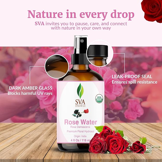 SVA ORGANICS Rose Water 4oz (118 ml) Refreshing Rose Water Spray for Skin Care, Skin Hydration, Bath, Soaps, Haircare & Aromatherapy-VivaGrace Women