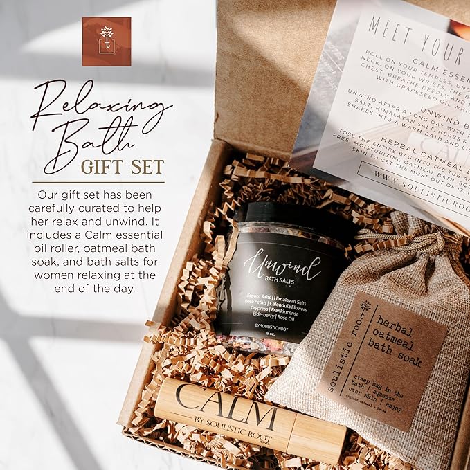Relaxing Bath Gift Set, Luxury Spa Gifts for Women, Self Care Products for Women and Men, Calm Essential Oil Roller, Oatmeal Lavender Bath Soak & Epsom Salts with Essential Oils-VivaGrace Women