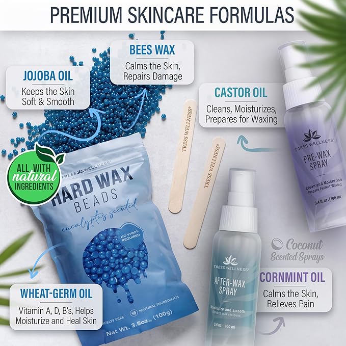 Tress Wellness Waxing Kit for Sensitive Skin – Safe for Face & Skin, Prep & Aftercare Spray, Easy to Use – At-Home Kit for Face, Bikini, Brazilian & Full Body - Digital Display, Blue-VivaGrace Women