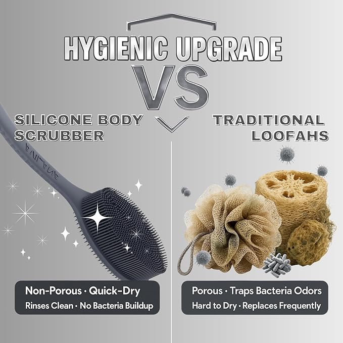 Avilana Silicone Body Scrubber – Gentle Shower Brush & Loofah Alternative- Food Grade & Lab Tested – Fast-Drying, Hygienic, BPA-Free Silicone Body Gentle Exfoliator (Dark Gray, Long Handle)-VivaGrace Women