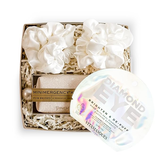 Bride Gift Box - Bride to Be Gift Set for Bridal Shower, Engagement Party, Bachelorette Party, Wedding Shower - White Silk Sateen Hair Scrunchies, Diamond Eye Mask, Bride Emergancy Kit-VivaGrace Women