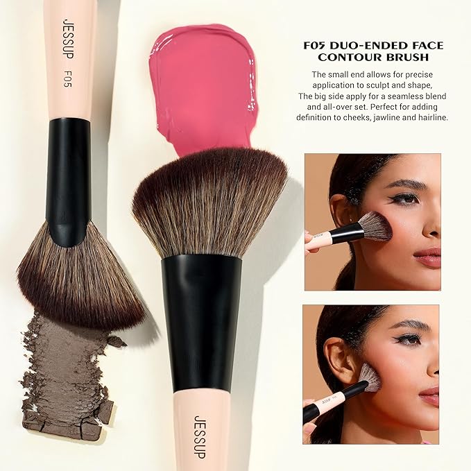 Jessup Travel Makeup Brushes Set 3pcs, Double Sided Contour Brush Dual Ended Eye Shadow Shader Eyeliner Brush, Multi-functional Makeup Set Peach Dust T507-VivaGrace Women