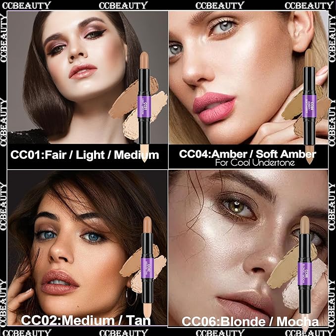 CCbeauty 2pcs 2-IN-1 Matte Contour Concealer Stick Cool Tone with Blush,Cream Blendable Bronzer & Blusher for Cheeks & Lip,Long Lasting & Waterproof Contouring for Face Shaping Makeup,AMBER/SOFT AMBER-VivaGrace Women