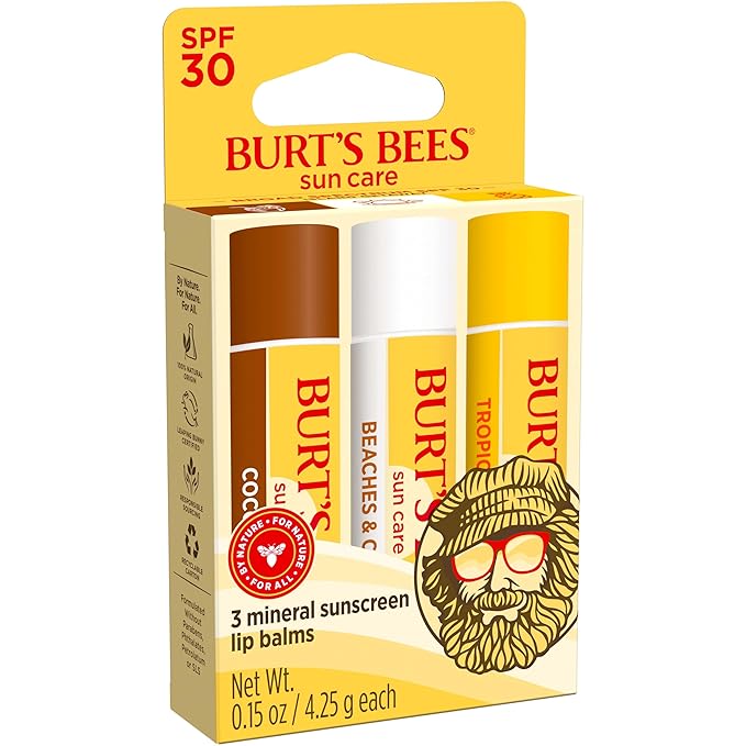 Burt’s Bees SPF 30 Lip Balm Mothers Day Gifts for Mom, Island Getaway - Coco Loco, Beaches & Cream, Tropic Like It's Hot, Water-Resistant Sun Care, Natural Origin Lip Treatment, 3 Tubes, 0.15 oz-VivaGrace Women