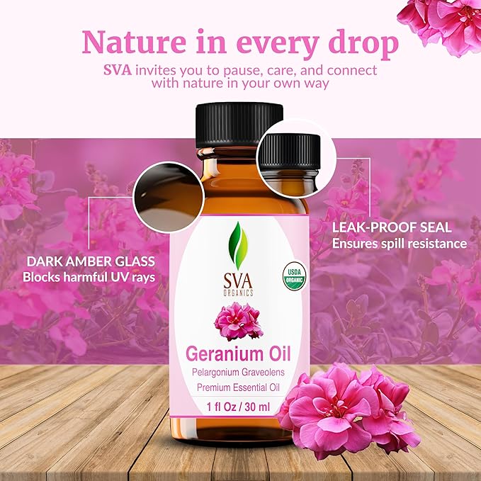 SVA Geranium Essential Oil Organic – 1 Fl Oz – 100% Natural Organic Geranium Oil - for Diffuser, Hair Care, Face, Skin Care, Aromatherapy, Scalp and Body Massage, Soap and Candle making – with Dropper-VivaGrace Women