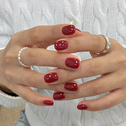 Press On Nails Squoval - Wine Red Fake Nails Short Full Cover Acrylic Glue on Nails in 12 Sizes - 24 Piece Pure Color Nail Kit，Natural Fit for Women & Girls Daily Wear