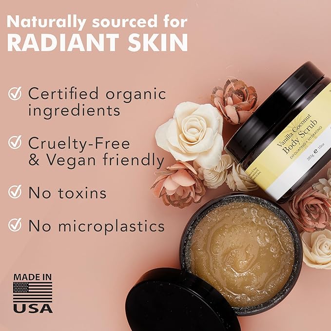 Organic Vanilla Coconut Body Scrub - USA Made Sugar Scrub with Natural Ingredients, Moisturizing Body & Foot Exfoliator for Dry and Sensitive Skin, Removes Dead Skin Cells & Reduces Ingrown Hair-VivaGrace Women