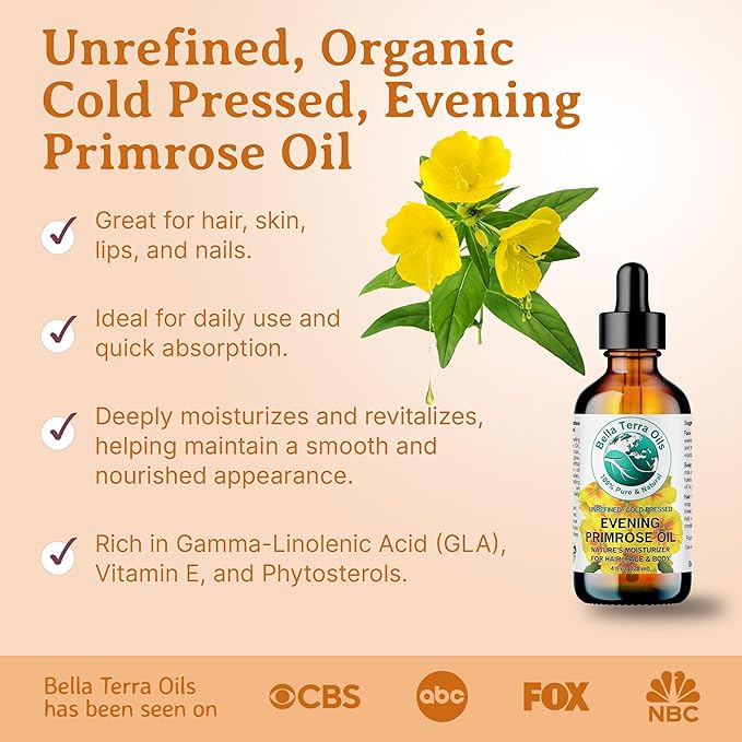 Bella Terra Oils - Organic Evening Primrose Oil 8 oz - Harvested for Excellence, Packed with Nutrients & Omega-6, Perfect Elixir for Enhancing Natural Beauty-VivaGrace Women