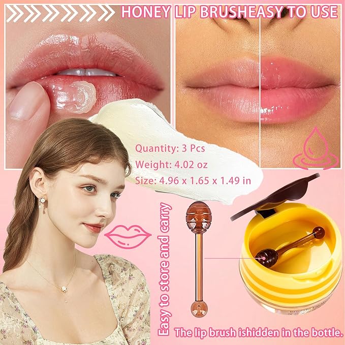 2PCS Bee Lip Balm,Hydrating Honey Pot Lip Balm with Stick,Non-Greasy Silky Sleeping Lip Mask Set,Long Lasting Lip Scrubs Moisturizer for Dry Cracked Lips（Honey ＋Strawberry）-VivaGrace Women