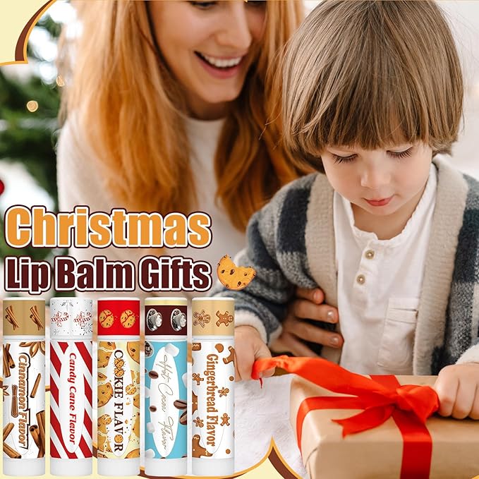 50 Pcs Christmas Lip Balms Gifts Bulk Cane Hot Cocoa Cookie Cinnamon Gingerbread 5 Assorted Flavor Holiday Party Treat Goodie Bags Stuffers Small Gifts for Friends Neighbors Colleagues-VivaGrace Women