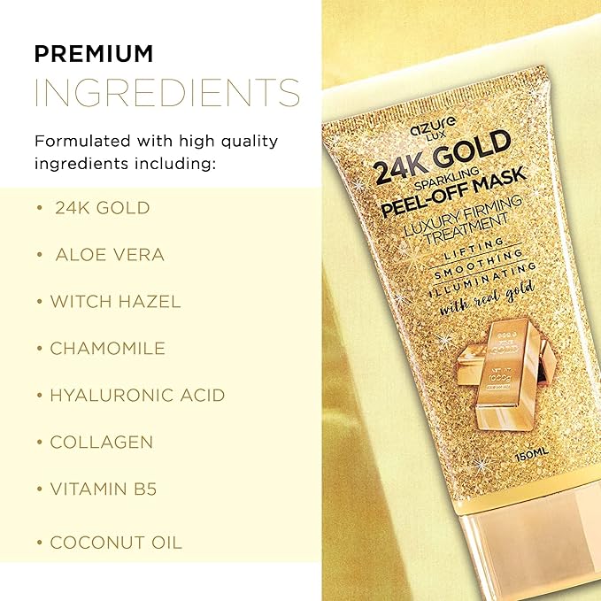 AZURE 24K Gold Firming Peel Off Face Mask - Anti Aging, Lifting, Illuminating & Revitalizing - Removes Blackheads, Dirt & Oil with Hyaluronic Acid & Collagen - Korean Skin Care - 150 mL - Pack of 2-VivaGrace Women