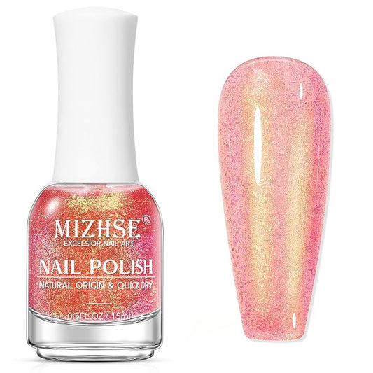 MIZHSE Nail Polish Air Dry Fast, Holographic Neon Orange Nail Polish Quick Dry, 15ml/0.5 fl oz Regular Shiny Shimmer Oil-based Glitter Nail Lacquer Non Gel Full Coverage Nail Art Manicure Home