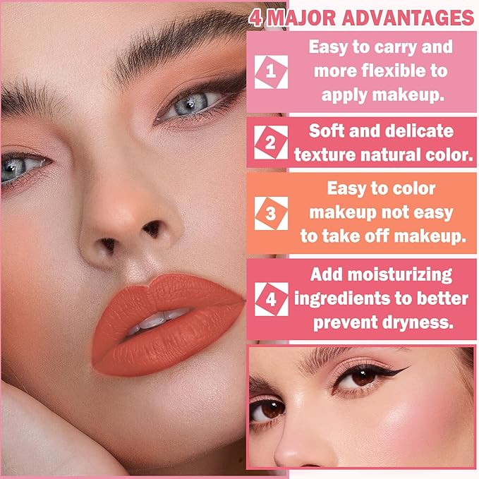 Cream Blush Stick with Brush,Waterproof Blush Makeup,Long Lasting 3 In 1 Cheek Blush & Lip Tint & Eye Shadow Makeup Stick,Easy To Use Blends Effortlessly,Cream Blush Makeup for All Skin Tones - Coral Orange-VivaGrace Women