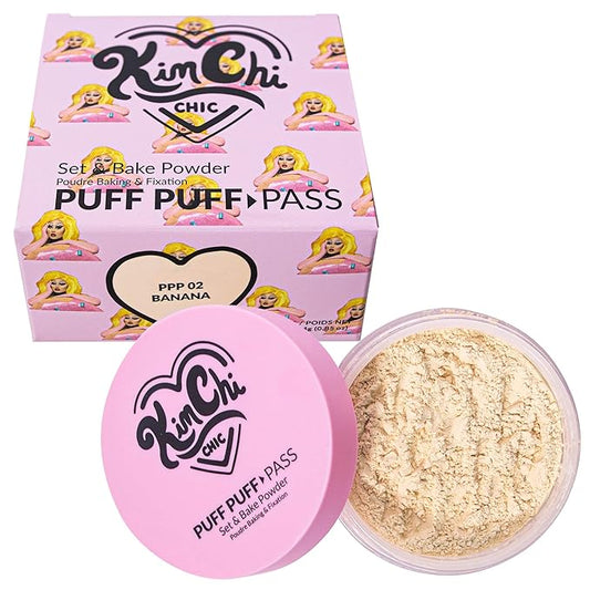 Kimchi Chic Beauty Puff Puff Pass Set and Bake Powder, Loose Face Powder with Extra Fluffy Setting Powder Puff, Soft Translucent Face Makeup for Uneven Skin Tone, 02 Banana-VivaGrace Women