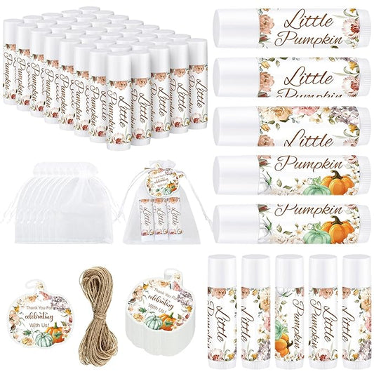 Demissle 50 Pcs Baby Shower Lip Balm Gift Set with 100 Pcs Organza Bags Baby Shower Party Favor for Guest Thank You Tag Rope Baby Shower Party Decoration Gender Reveal Souvenirs (Pumpkin and Flowers)-VivaGrace Women