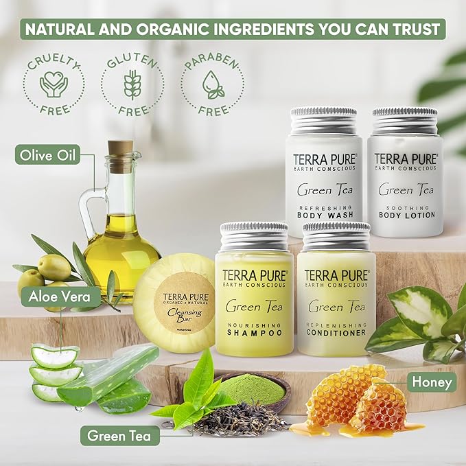 Terra Pure Green Tea Amenity Kit | Boxed Hotel Toiletries | Bulk Set 1oz Travel Size Shampoo, Conditioner, Lotion, Body Wash & Body Bar Soap for Guest Hospitality AirBnB/Vacation Rentals | 1 set/ case-VivaGrace Women