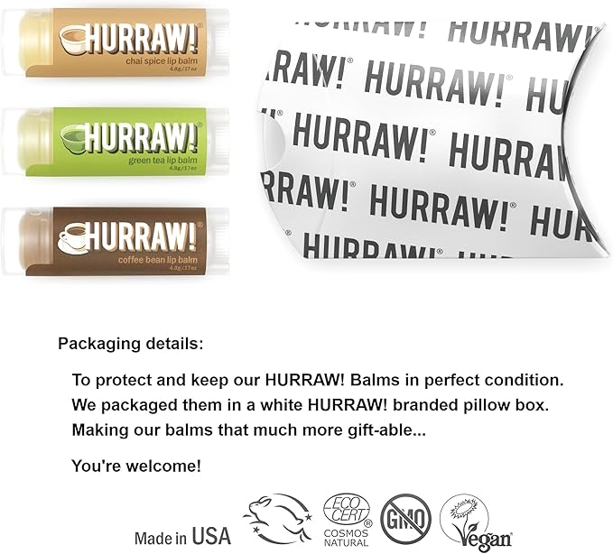 Hurraw! Chai Spice, Green Tea, Coffee Bean Lip Balms, 3 Pack Bundle: Organic, Certified Vegan, Cruelty and Gluten Free. Non-GMO, 100% Natural Ingredients. Bee, Shea, Soy and Palm Free. Made in USA-VivaGrace Women