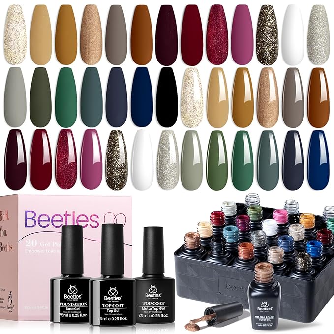 Beetles Fall Gel Nail Polish Set – 20 Colors Brown Burgundy Red Green Orange Glitter Winter Gel Polish, Soak Off UV LED Gel Polish Kit with Base Coat Glossy Matte Top Coat Manicure Gift for Women-VivaGrace Women