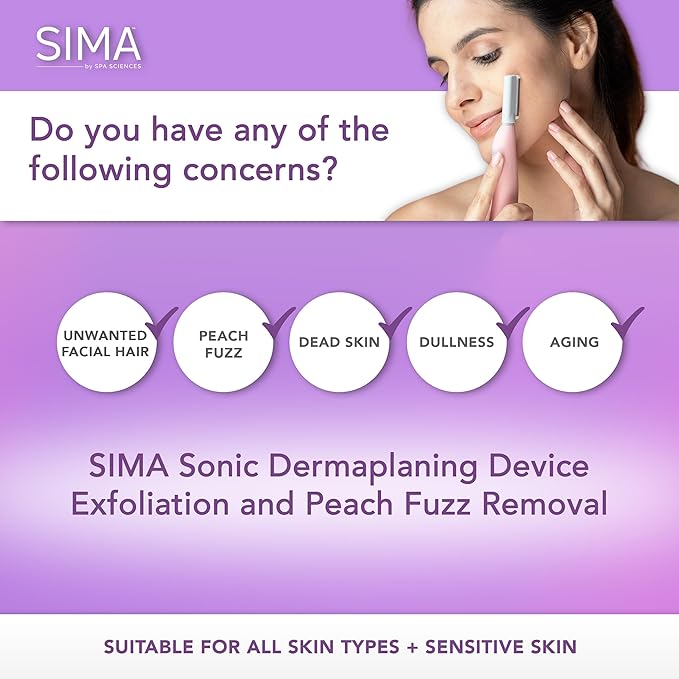 SPA SCIENCES - SIMA Patented Dermaplane Razor for Women Face – Painless 2-in-1 Facial Exfoliation & Peach Fuzz Hair Removal – Anti-Aging – 3 Speeds – Rechargeable – 7 Weeks Treatment-VivaGrace Women