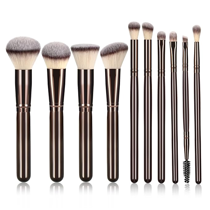10 Piece Black brown Makeup Brushes - Wooden Handle with Soft Synthetic Bristles,for Face & Eye Makeup|Professional Makeup Brushes set for Women & Girls|-VivaGrace Women