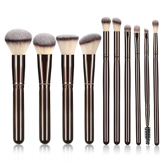 10 Piece Black brown Makeup Brushes - Wooden Handle with Soft Synthetic Bristles,for Face & Eye Makeup|Professional Makeup Brushes set for Women & Girls|-VivaGrace Women