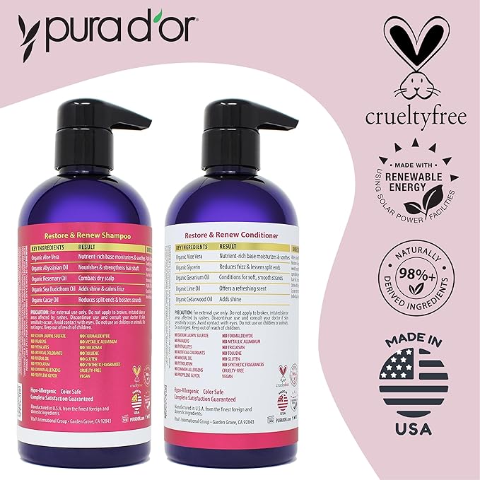 PURA D'OR Restore & Renew Shampoo and Conditioner Set for Strong, Healthy, and Nourished Hair with Organic Aloe Vera, Rosemary, Sea Buckthorn, Cacay, Coconut, Seaberry & Cedarwood-VivaGrace Women