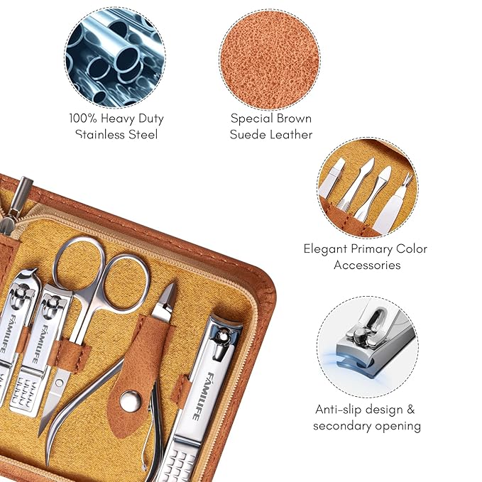 FAMILIFE Manicure Set, Nail Professional Kit Manicure Kits Nail Clipper Sets, 13PCS Stainless Steel Pedicure Sets Mens Grooming Tool, with Brown Leather Travel Case for Men-VivaGrace Women