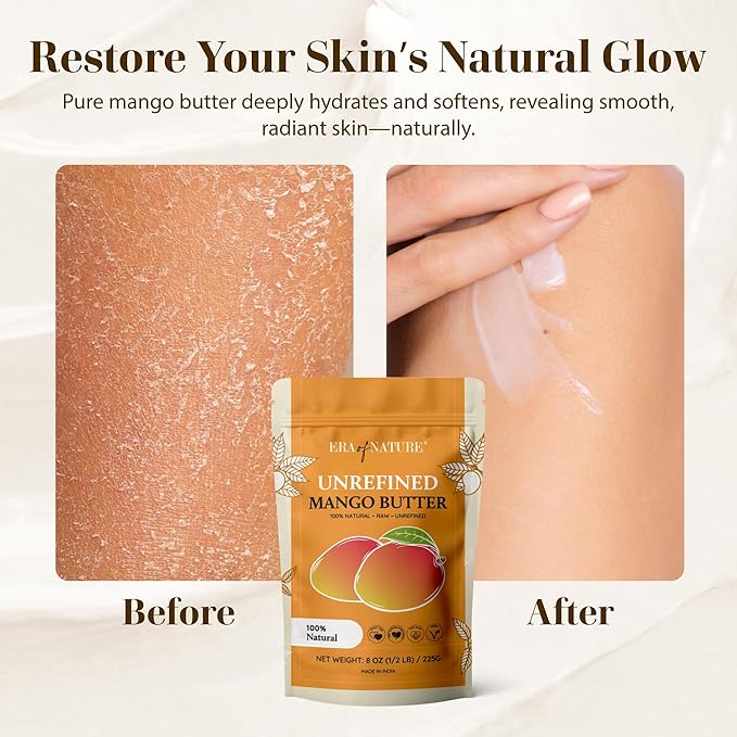 era of nature Organic Unrefined Raw Mango Body Butter Block 8oz - Moisturizing Mango Seed Raw Butter Bar for Skin & Hair, DIY Lip Balm Base, Cream, Soap & Lotion Making Supplies Kit, Personal Skincare-VivaGrace Women