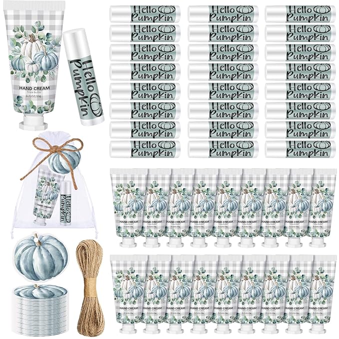 144 Pcs Fall Lip Balm Hand Cream Set Party Favors, Include 36 Blue Pumpkin Lip Balm 36 Moisturizing Hand Cream 36 Bags 36 Cards and Ropes for Autumn Accessories Gifts-VivaGrace Women