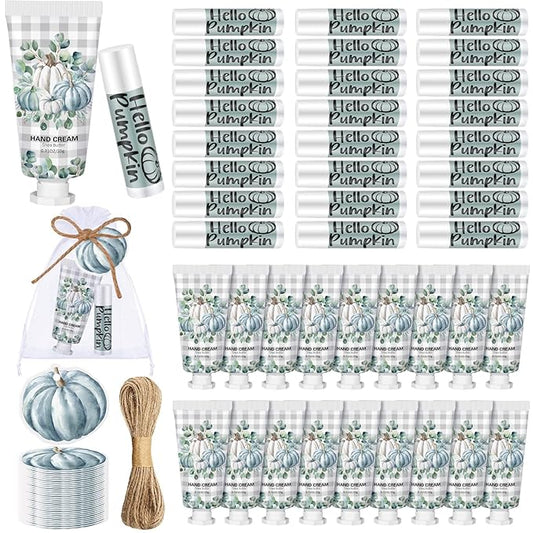 144 Pcs Fall Lip Balm Hand Cream Set Party Favors, Include 36 Blue Pumpkin Lip Balm 36 Moisturizing Hand Cream 36 Bags 36 Cards and Ropes for Autumn Accessories Gifts-VivaGrace Women