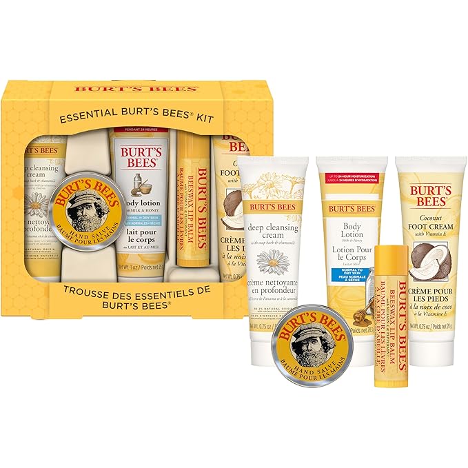 Burt's Bees Back to School Gifts Ideas, 5 Body Care College Dorm Products, Everyday Essentials Set - Original Beeswax Lip Balm, Deep Cleansing Cream, Hand Salve, Body Lotion & Foot Cream, Travel Size-VivaGrace Women