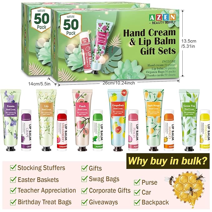 AZEN 100 Sets Hand Cream Bulk and Lip Balm Bulk Set, Bridal Shower Gifts for Guests with Organza Bag Thank You Card, Thank You Gifts for Coworkers Women Men, Bridal Wedding Favors for Guests-VivaGrace Women