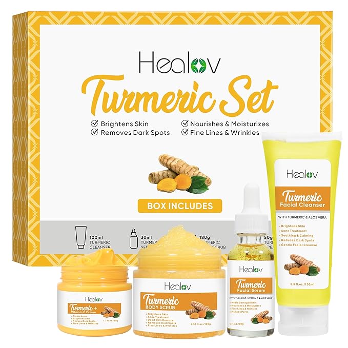 Turmeric Skincare Set - Turmeric Skin Care Products Brightening & Acne - Turmeric Skin Care Kit, Turmeric Skin Care Set - Turmeric Cleanser, Body Scrub, Face Cream & Facial Serum-VivaGrace Women
